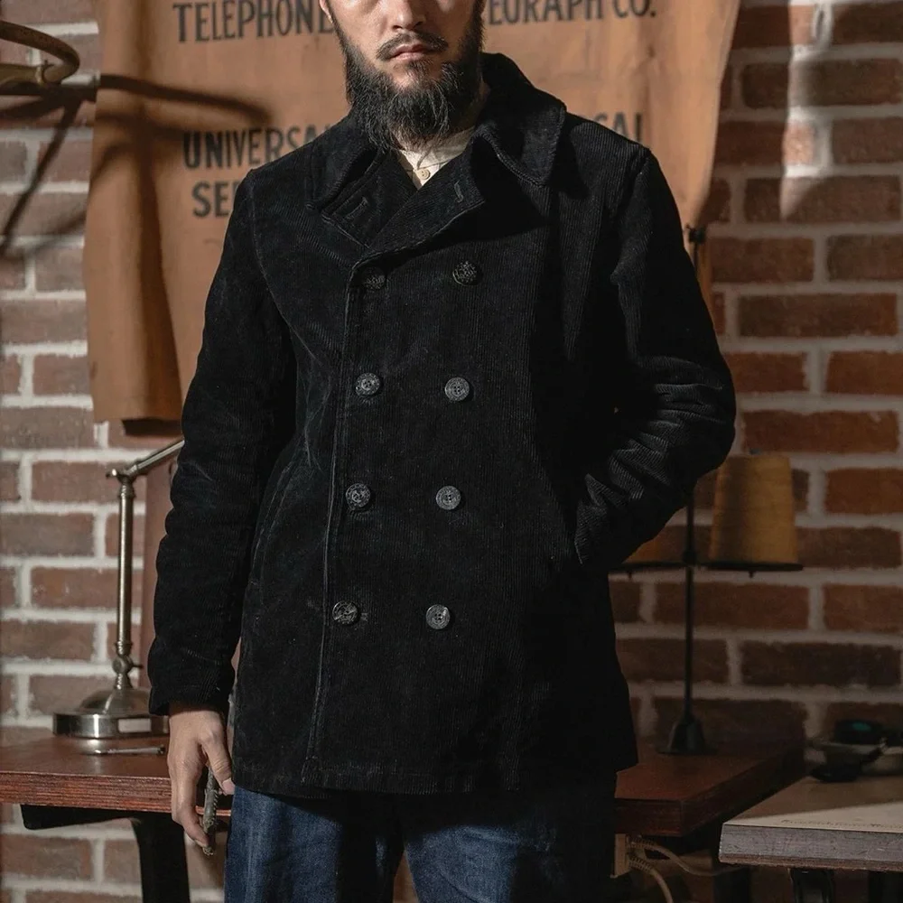The Bronson Mfg Heritage Corduroy Peacoat Double Breasted Coat Black Retro Sz 40